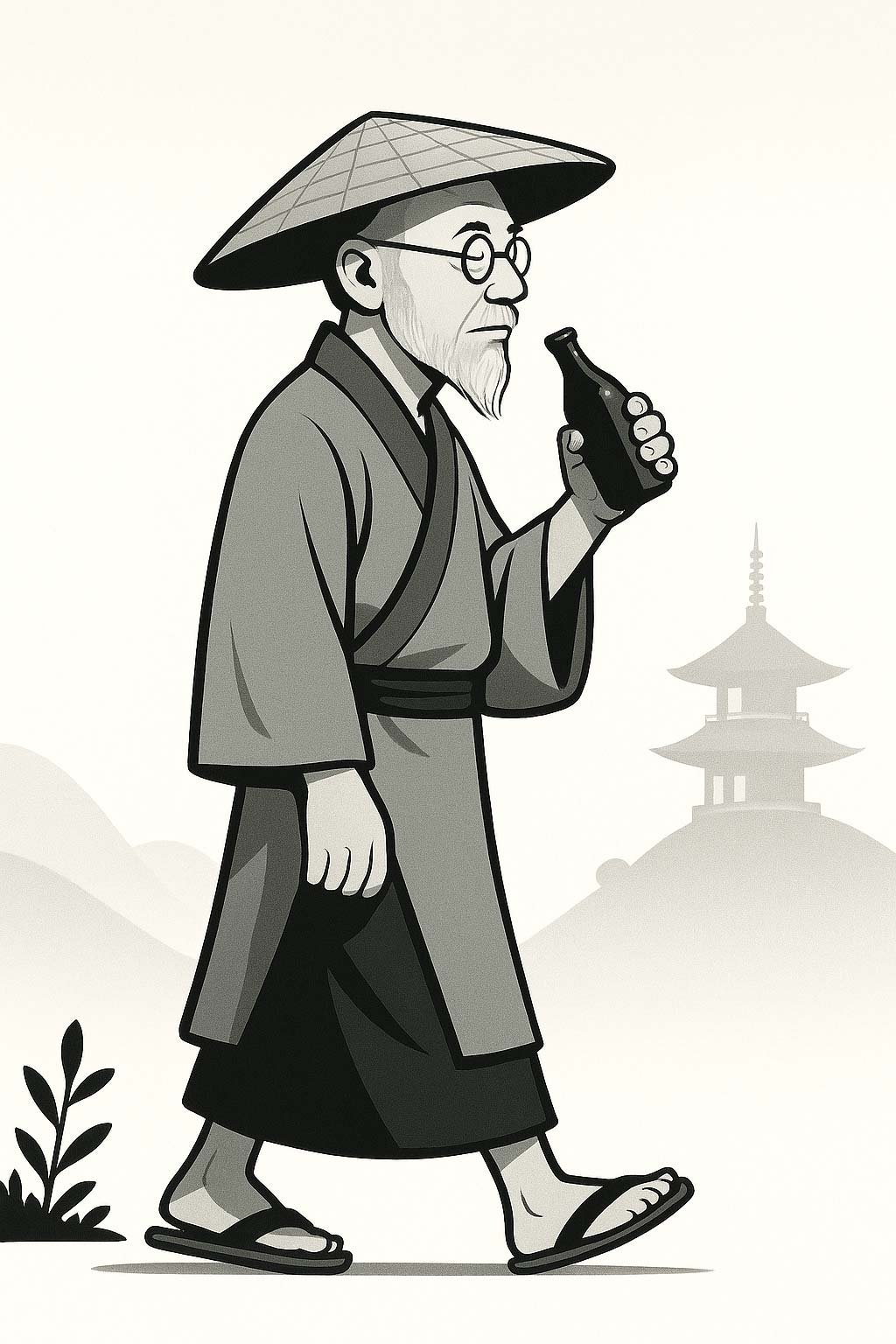 santoka mit sake gehend zeichnung